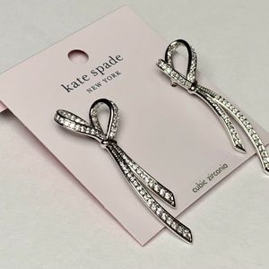 Kate Spade "All Tied Up" Pave Drop Silver Tone Earrings NWT W Storage Pouch.